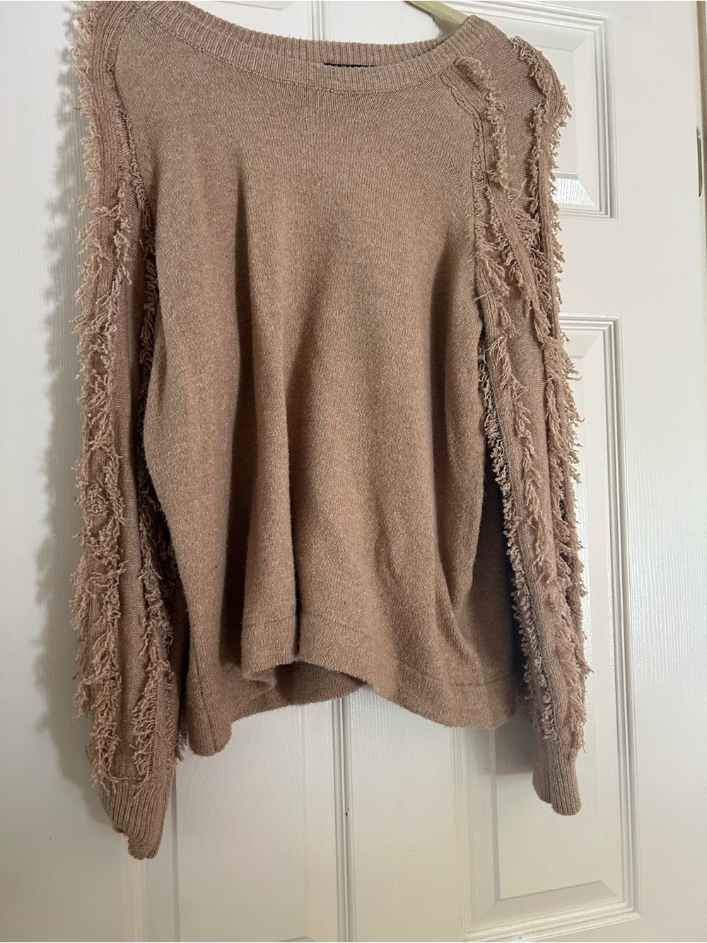 1. State Taupe Fringed Cotton Blend Crew Neck Sweater